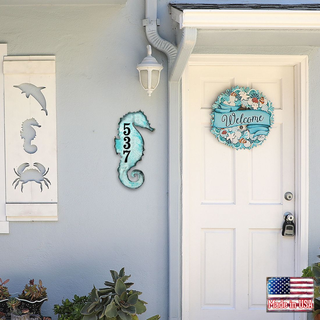 Picture of Designocracy MA98517-12 12 in. Seahorse Coastal Wooden House Number Sign Decor