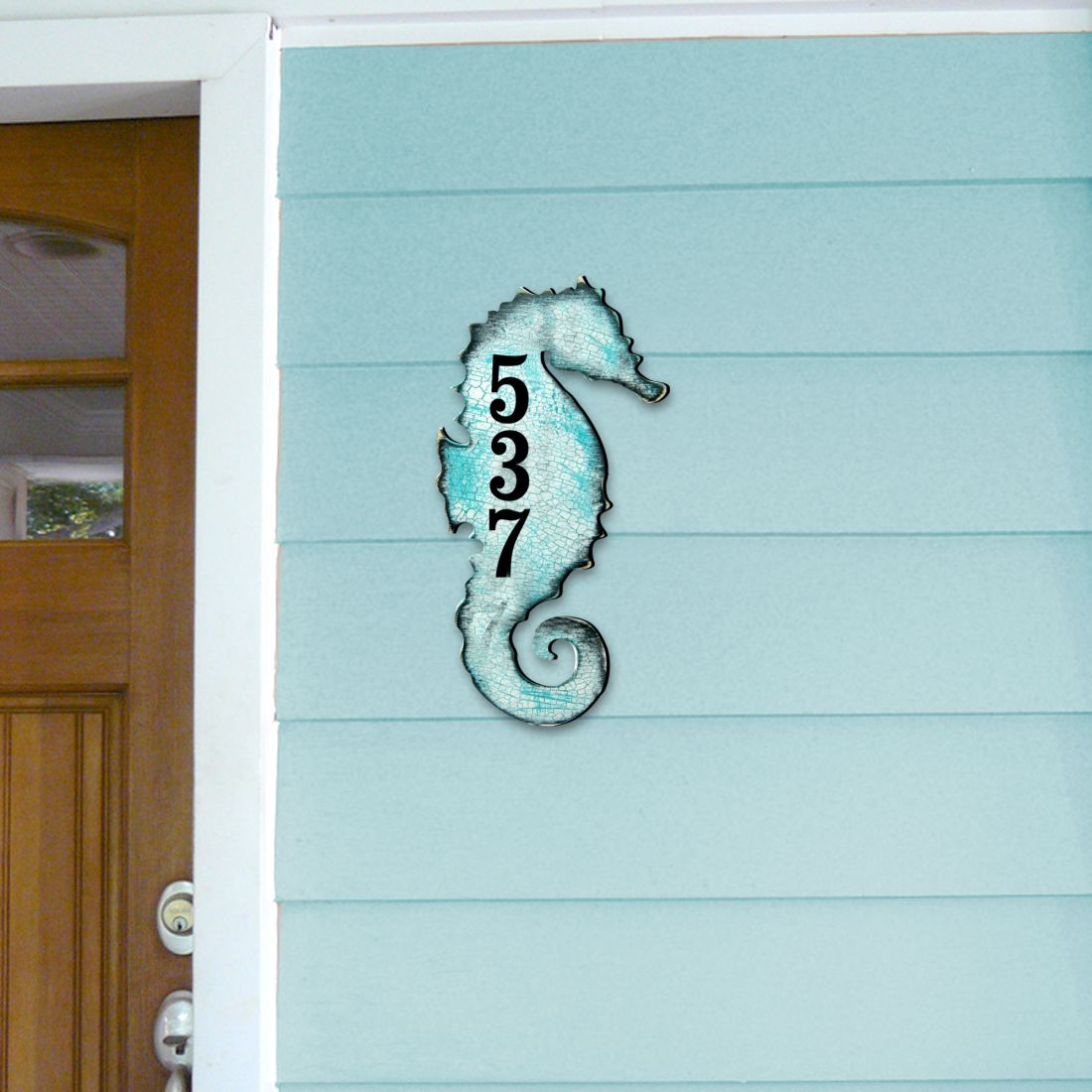 Picture of Designocracy MA98517-12 12 in. Seahorse Coastal Wooden House Number Sign Decor