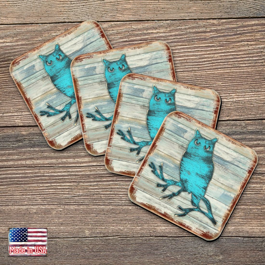 Picture of Nature Wonders 8198218-9C-S4 4 x 4 in. Owl Wooden Cork Coasters Gift - Set of 4
