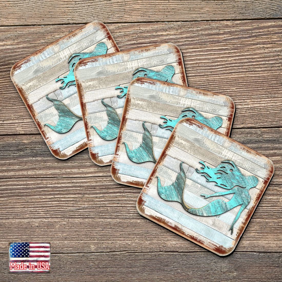 Picture of Nature Wonders 8198514-9C-S4 4 x 4 in. Mermaid Coastal Wooden Cork Coasters Gift - Set of 4