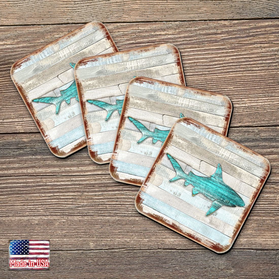 Picture of Nature Wonders 8198515-9C-S4 4 x 4 in. Shark Coastal Wooden Cork Coasters Gift - Set of 4
