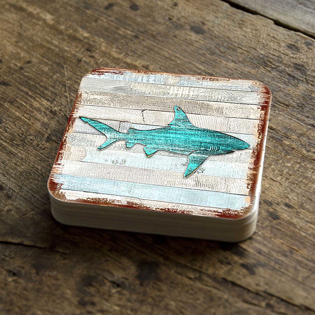 Picture of Nature Wonders 8198515-9C-S4 4 x 4 in. Shark Coastal Wooden Cork Coasters Gift - Set of 4