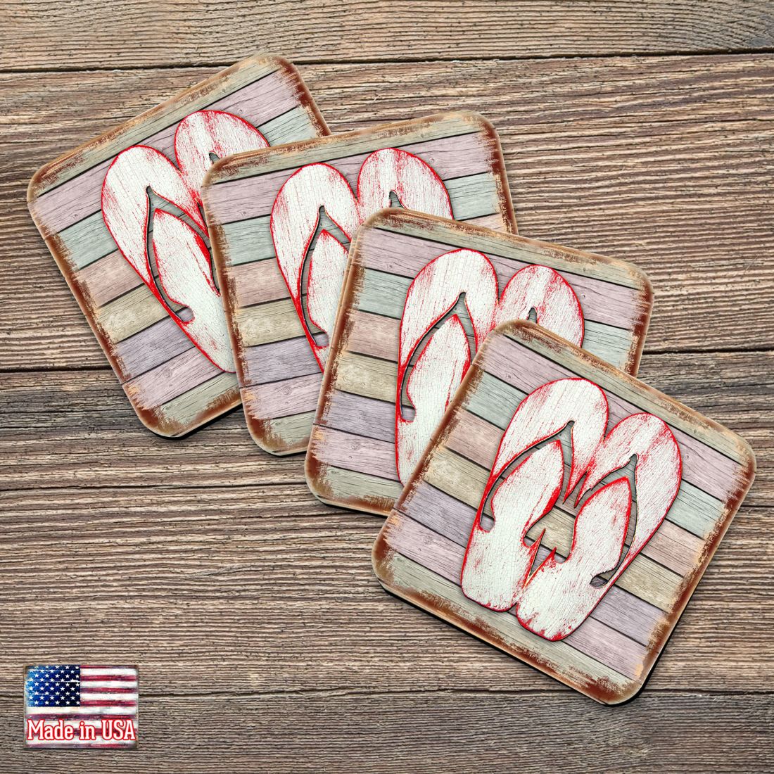 Picture of Nature Wonders 8198523-9C-S4 4 x 4 in. Flip Flops Coastal Wooden Cork Coasters Gift - Set of 4