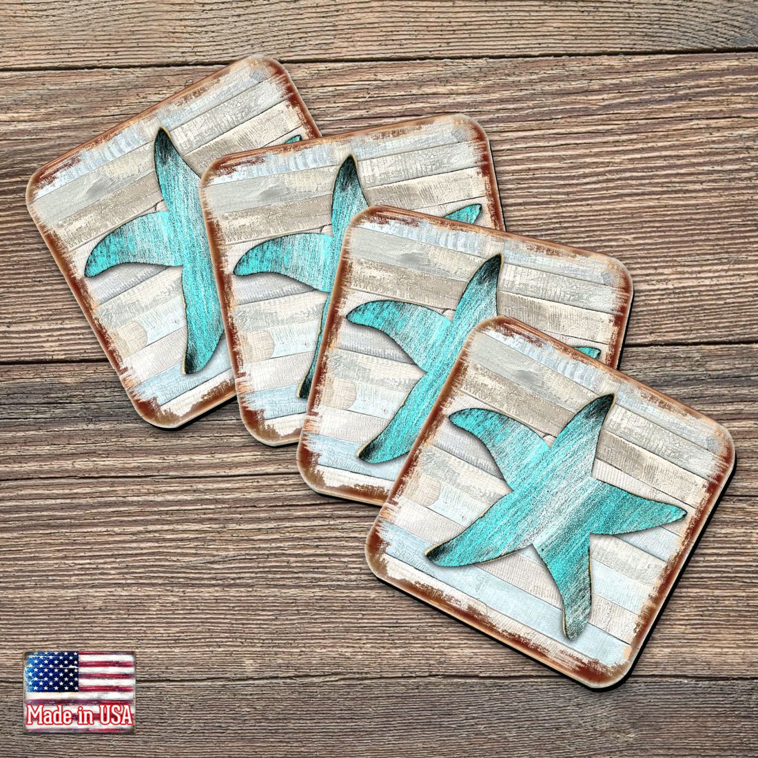 Picture of Nature Wonders 8198531-9C-S4 4 x 4 in. Starfish Coastal Wooden Cork Coasters Gift - Set of 4