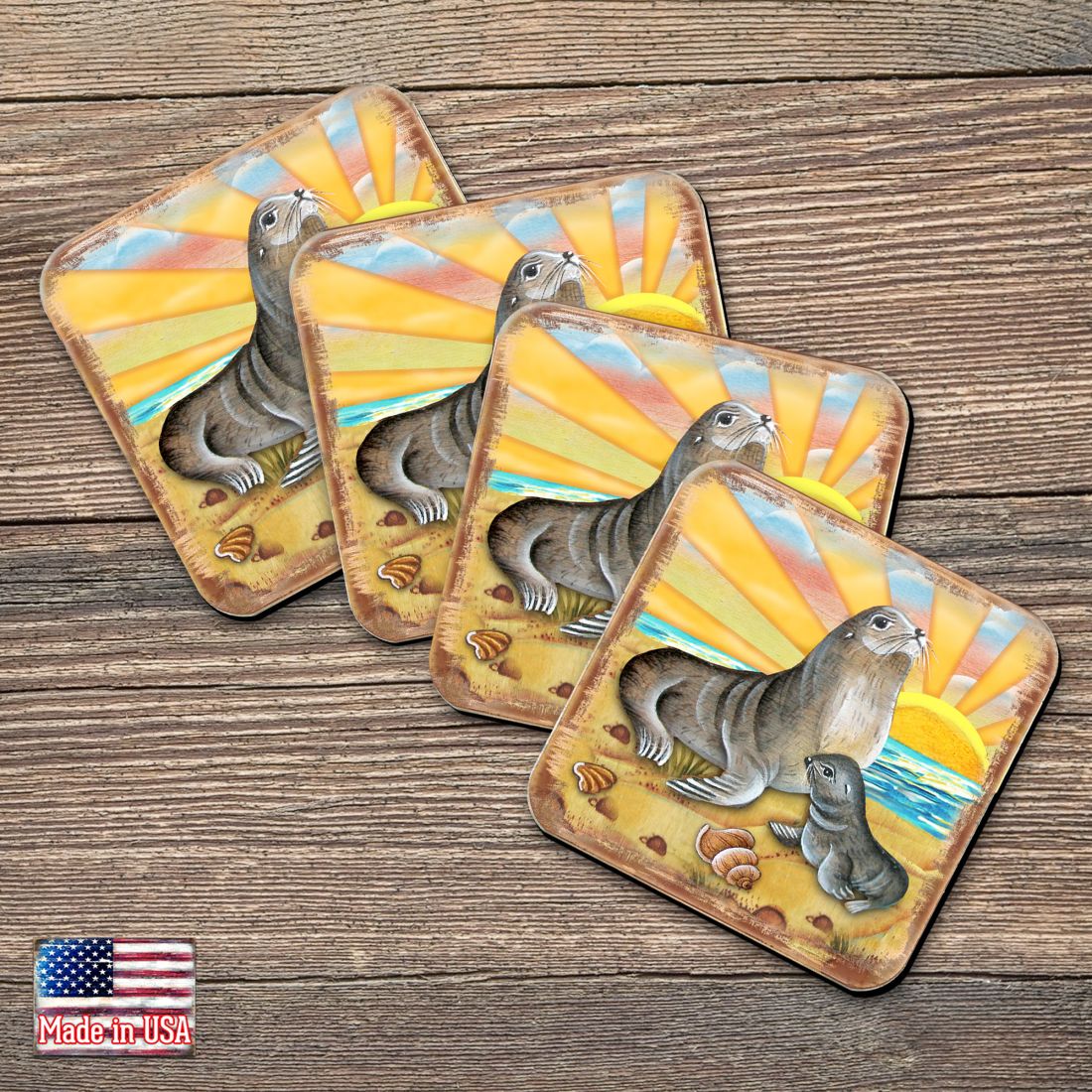 Picture of Nature Wonders 8198532-2C-S4 4 x 4 in. Sealion Coastal Wooden Cork Coasters Gift - Set of 4