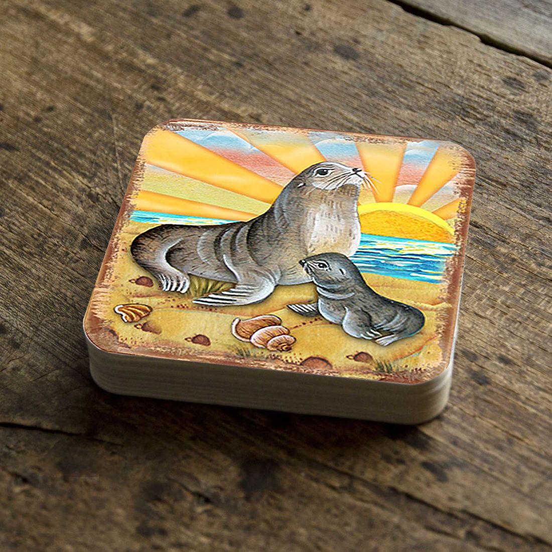Picture of Nature Wonders 8198532-2C-S4 4 x 4 in. Sealion Coastal Wooden Cork Coasters Gift - Set of 4