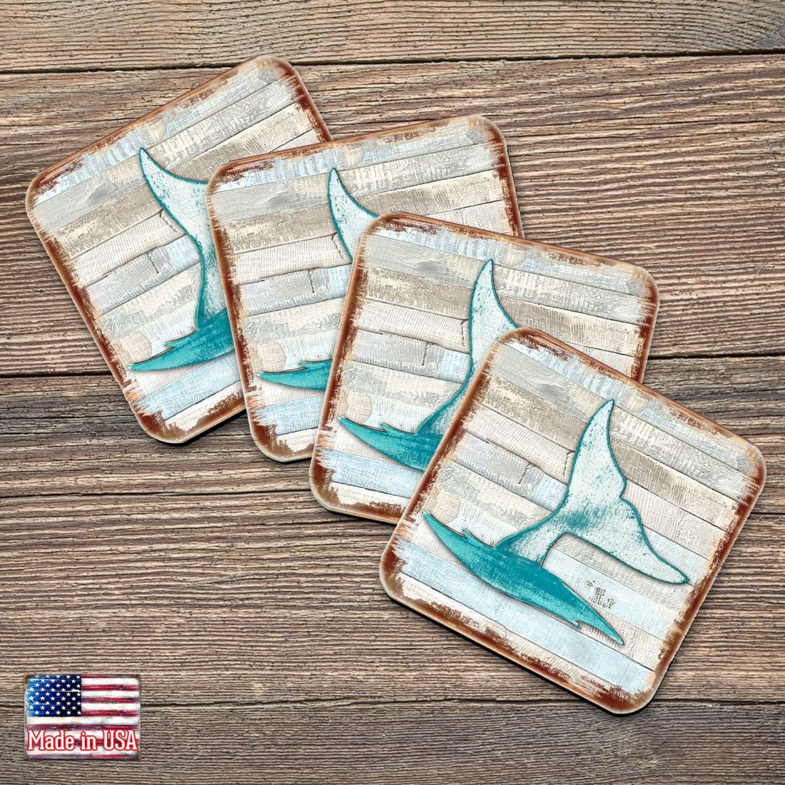 Picture of Nature Wonders 8198535-9C-S4 4 x 4 in. Whales Tale Coastal Wooden Cork Coasters Gift - Set of 4