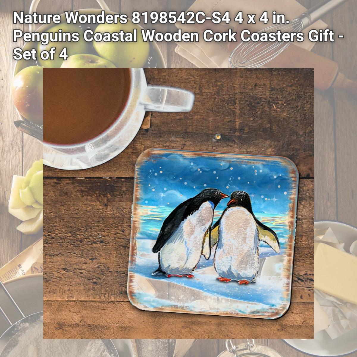 Picture of Nature Wonders 8198542C-S4 4 x 4 in. Penguins Coastal Wooden Cork Coasters Gift - Set of 4
