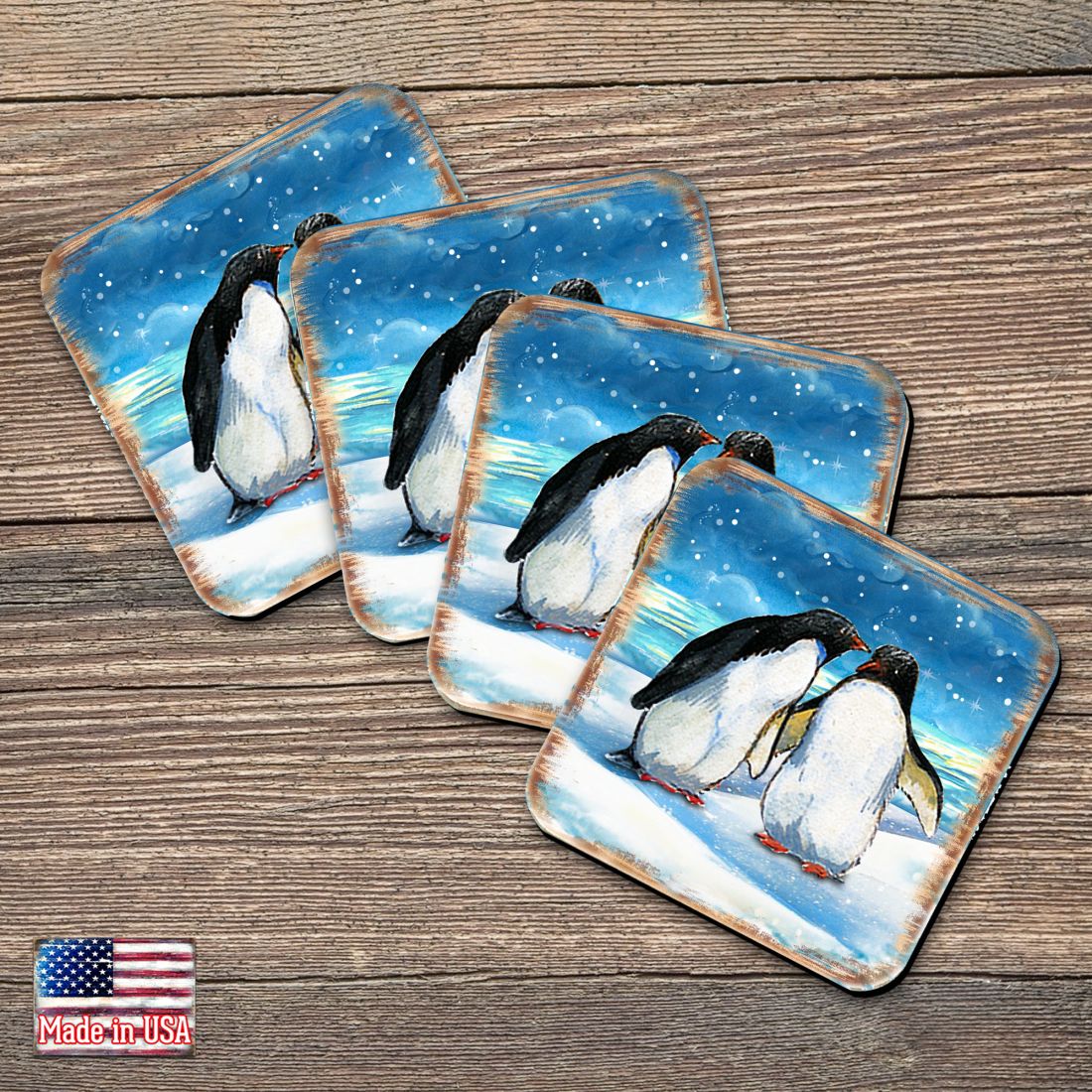 Picture of Nature Wonders 8198542C-S4 4 x 4 in. Penguins Coastal Wooden Cork Coasters Gift - Set of 4