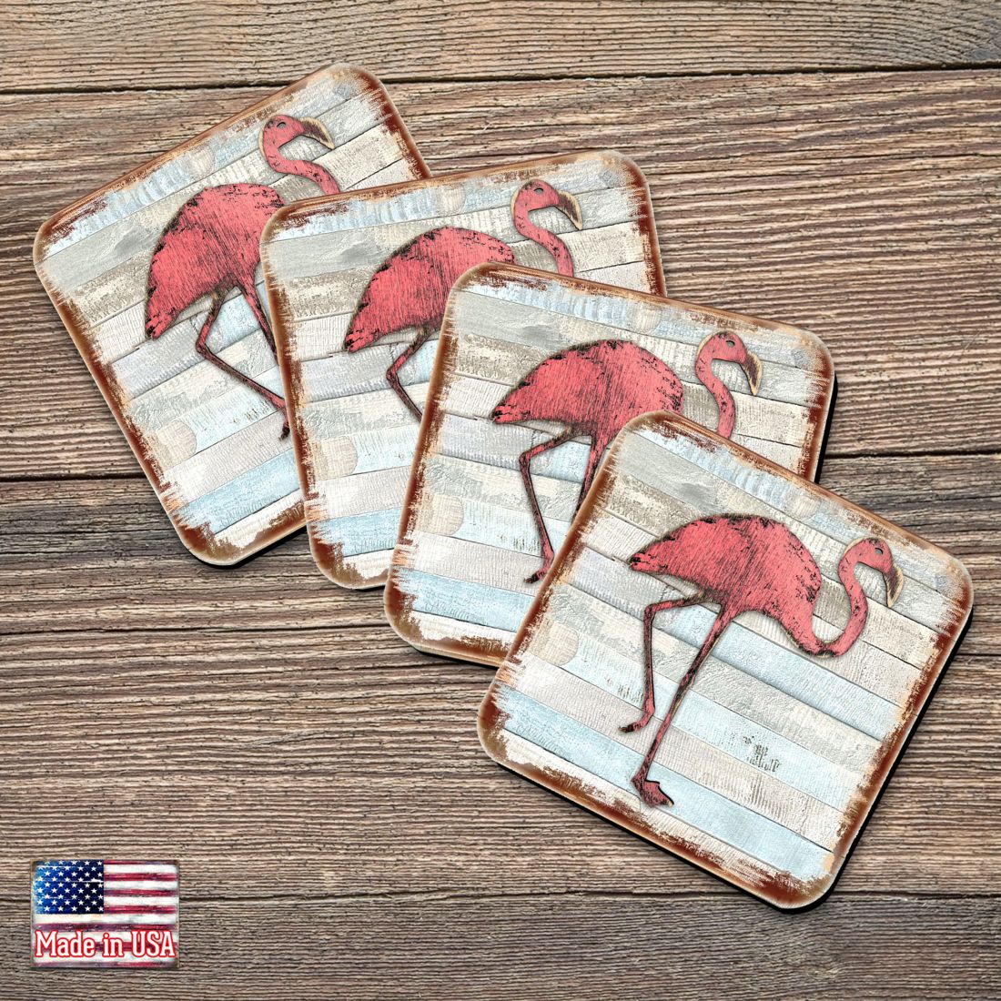 Picture of Nature Wonders 8198544-9C-S4 4 x 4 in. Flamingo Coastal Wooden Cork Coasters Gift - Set of 4