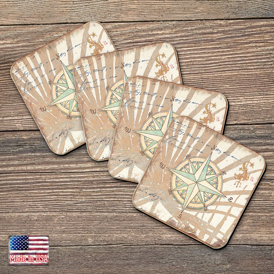 Picture of Nature Wonders 8198620C-S4 4 x 4 in. Compass Coastal Wooden Cork Coasters Gift - Set of 4