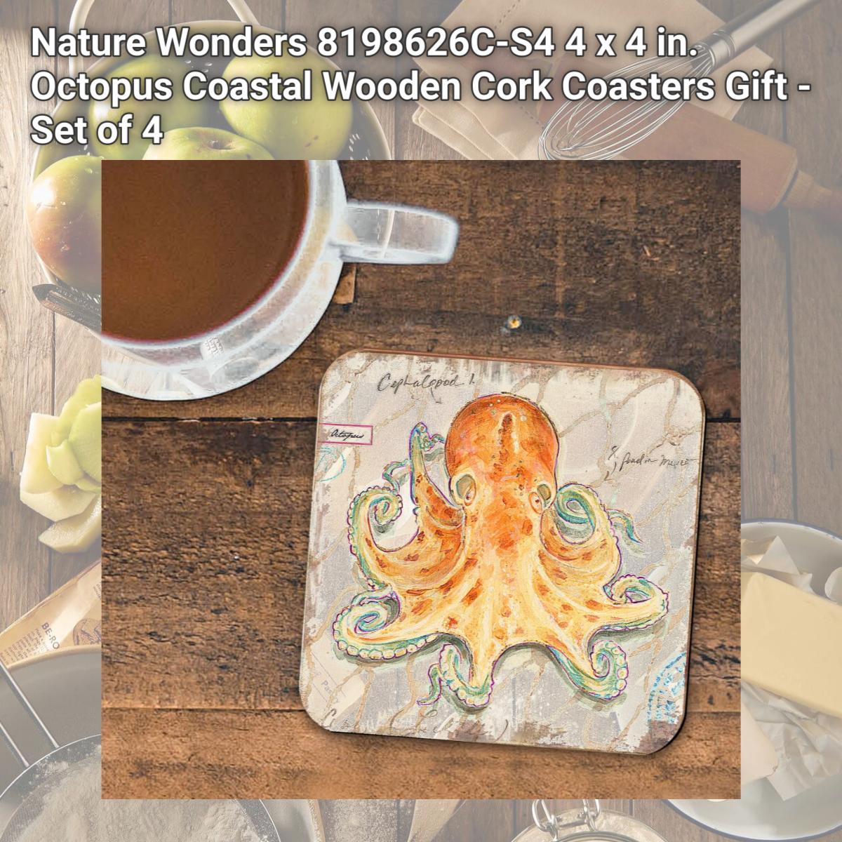 Picture of Nature Wonders 8198626C-S4 4 x 4 in. Octopus Coastal Wooden Cork Coasters Gift - Set of 4