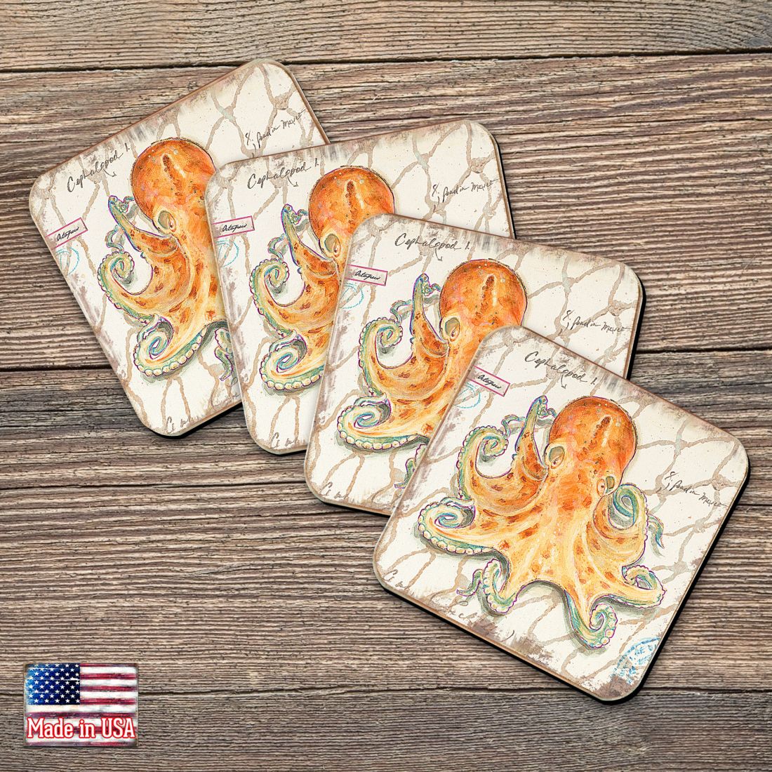 Picture of Nature Wonders 8198626C-S4 4 x 4 in. Octopus Coastal Wooden Cork Coasters Gift - Set of 4
