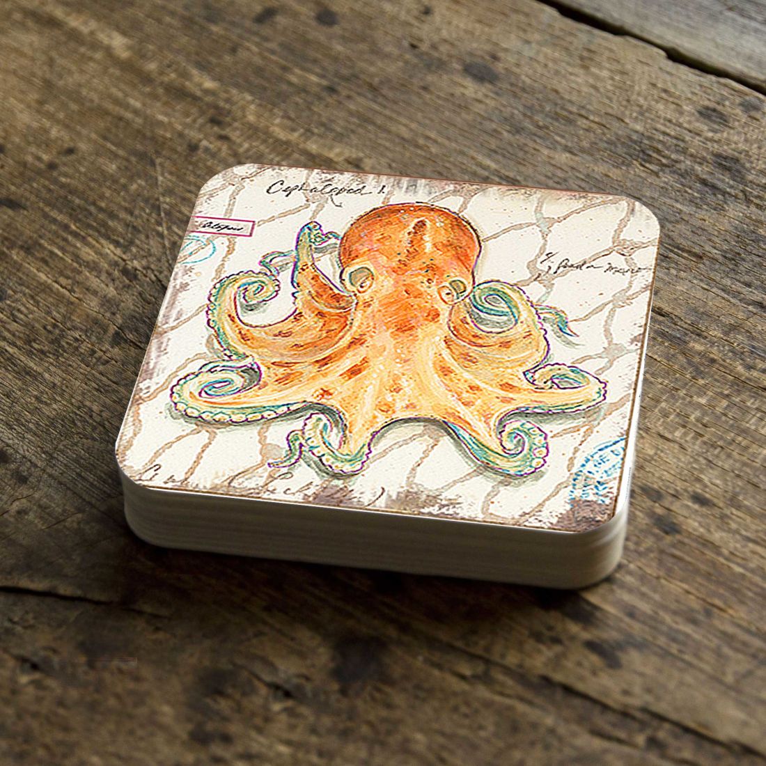 Picture of Nature Wonders 8198626C-S4 4 x 4 in. Octopus Coastal Wooden Cork Coasters Gift - Set of 4