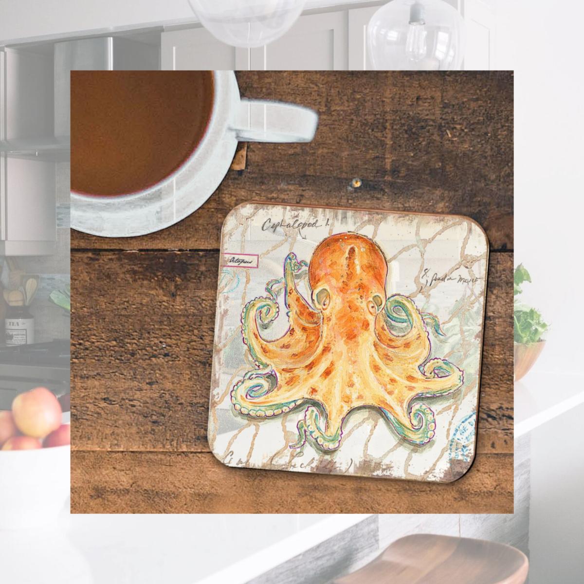 Picture of Nature Wonders 8198626C-S4 4 x 4 in. Octopus Coastal Wooden Cork Coasters Gift - Set of 4