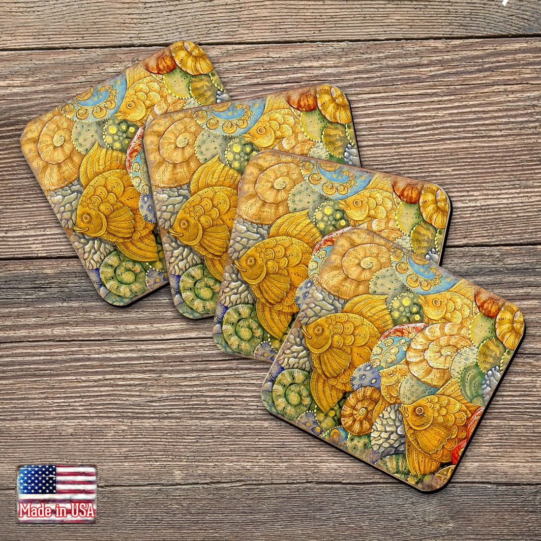 Picture of Nature Wonders 95018C-S4 4 x 4 in. Fish Coastal Art Wooden Cork Coasters Gift - Set of 4