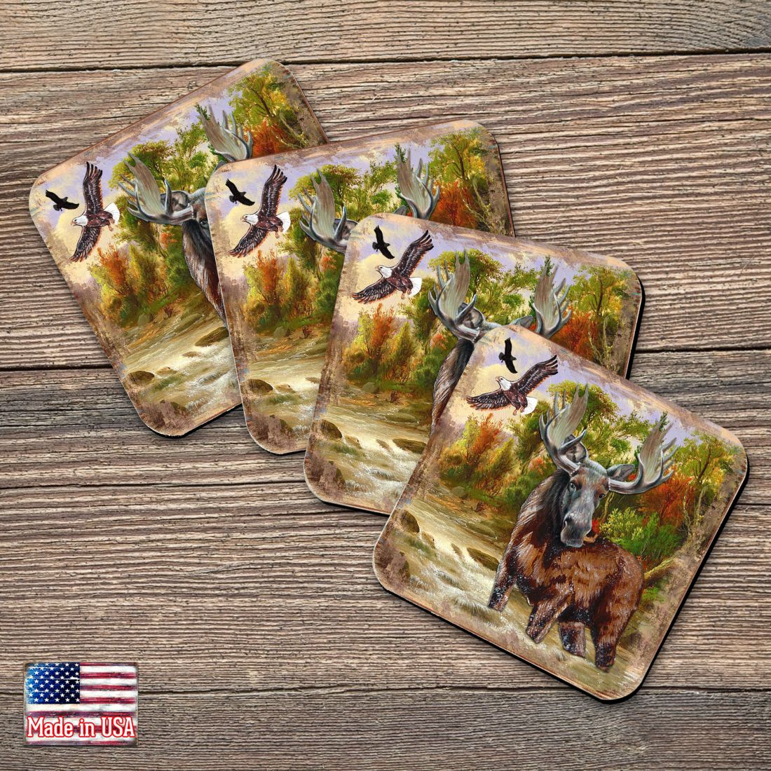 Picture of Nature Wonders 95216-2C-S4 4 x 4 in. Moose Wooden Cork Coasters Gift - Set of 4