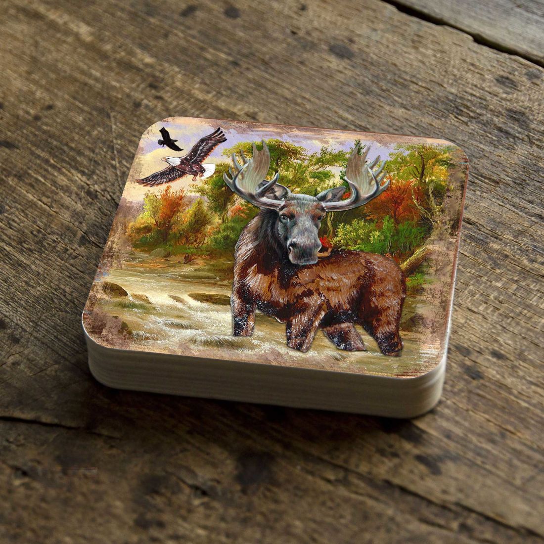 Picture of Nature Wonders 95216-2C-S4 4 x 4 in. Moose Wooden Cork Coasters Gift - Set of 4