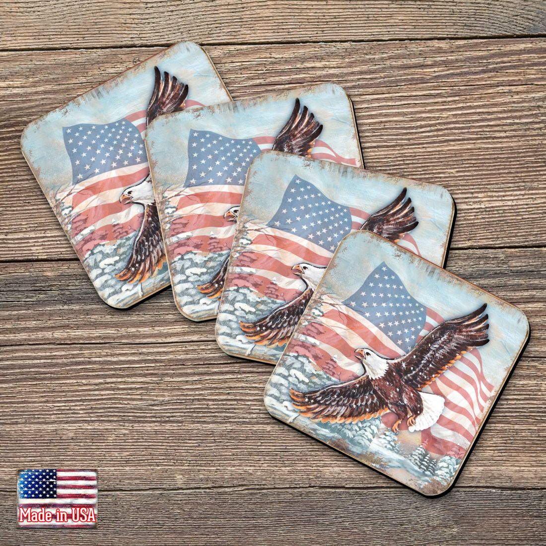 Picture of Nature Wonders 95221C-S4 4 x 4 in. American Eagle Wooden Cork Coasters Gift - Set of 4