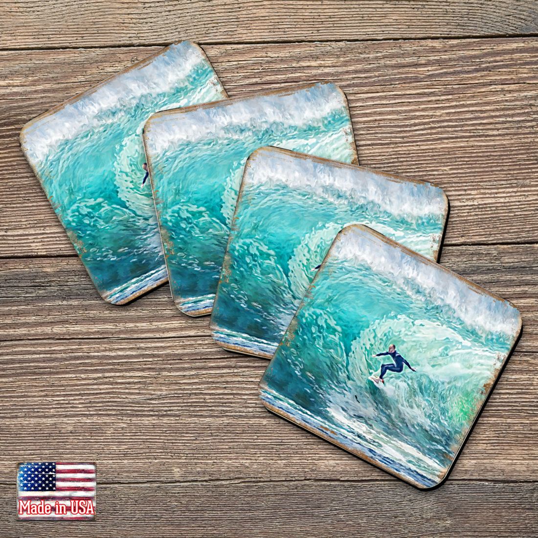 Picture of Nature Wonders 95227C-S4 4 x 4 in. Surfer Coastal Wooden Cork Coasters Gift - Set of 4