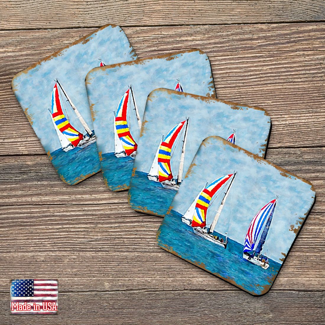 Picture of Nature Wonders 95259C-S4 4 x 4 in. Sailboats Coastal Wooden Cork Coasters Gift - Set of 4