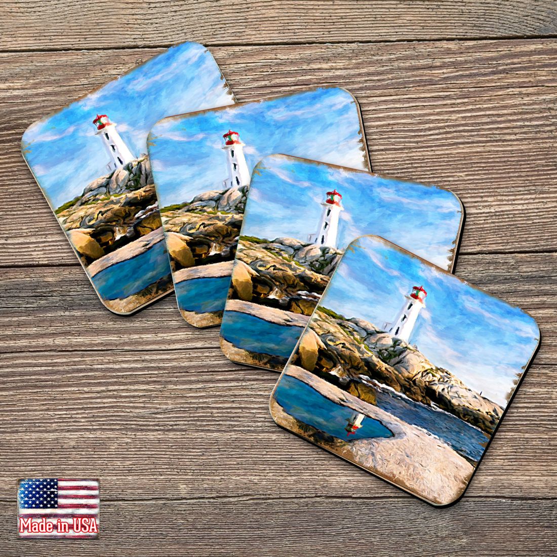 Picture of Nature Wonders 95268C-S4 4 x 4 in. Lighthouse Bay Coastal Wooden Cork Coasters Gift - Set of 4
