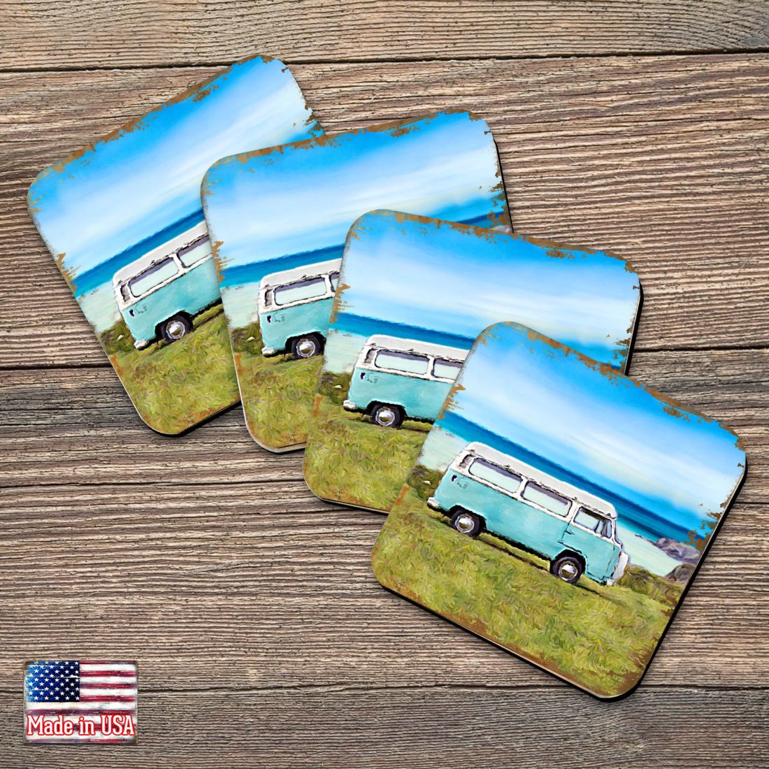 Picture of Nature Wonders 95269C-S4 4 x 4 in. Van Coastal Wooden Cork Coasters Gift - Set of 4