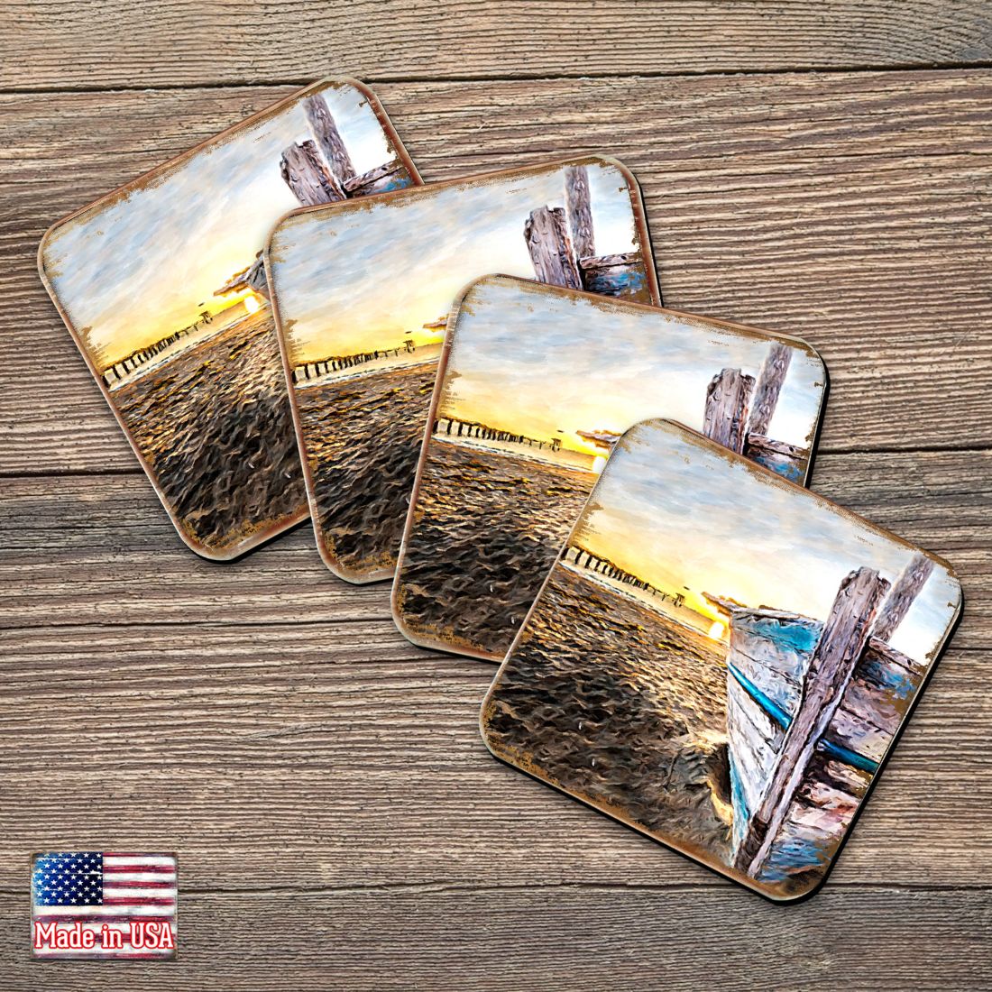 Picture of Nature Wonders 95271C-S4 4 x 4 in. Beach Boat Coastal Wooden Cork Coasters Gift - Set of 4