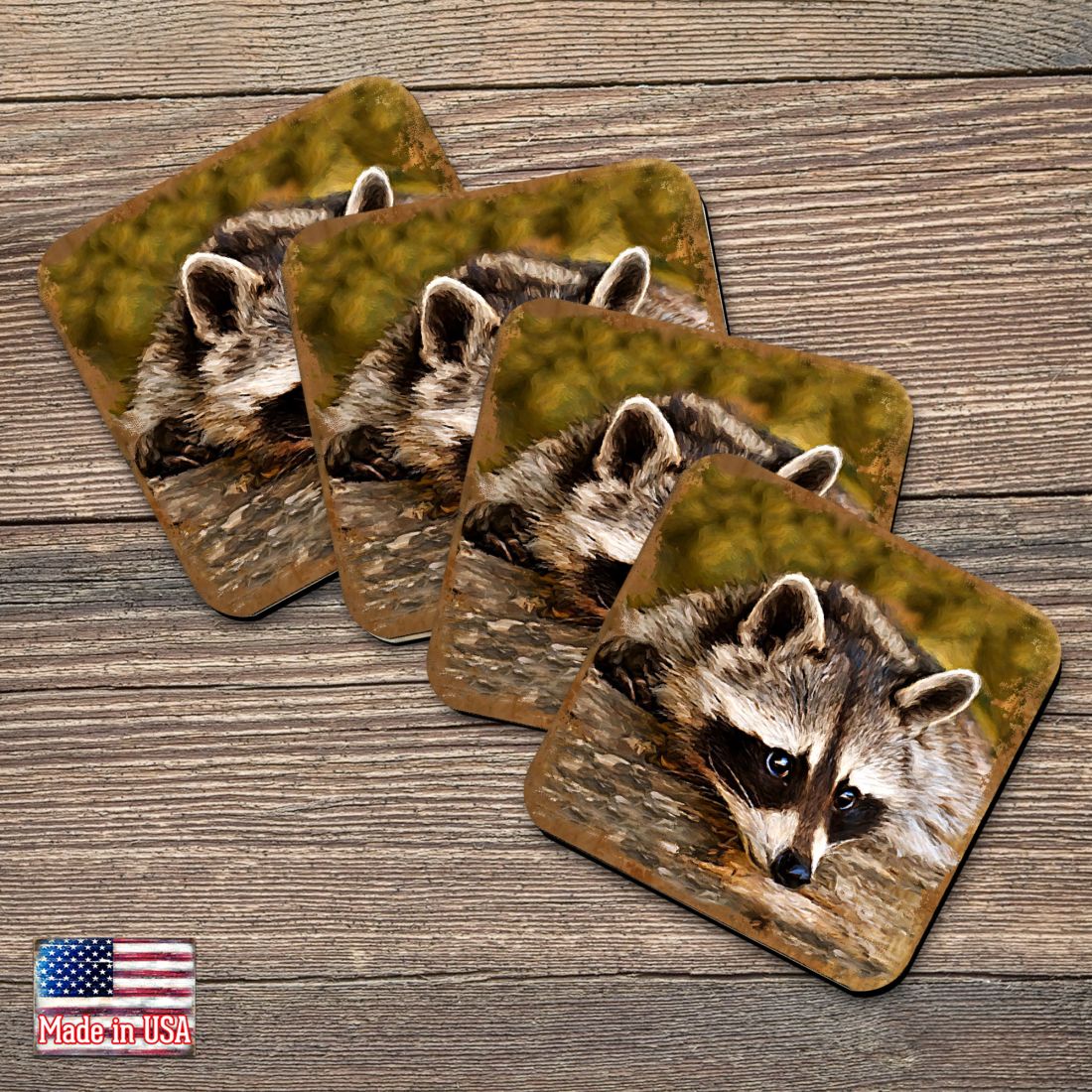 Picture of Nature Wonders 95289C-S4 4 x 4 in. Raccoon Wooden Cork Coasters Gift - Set of 4