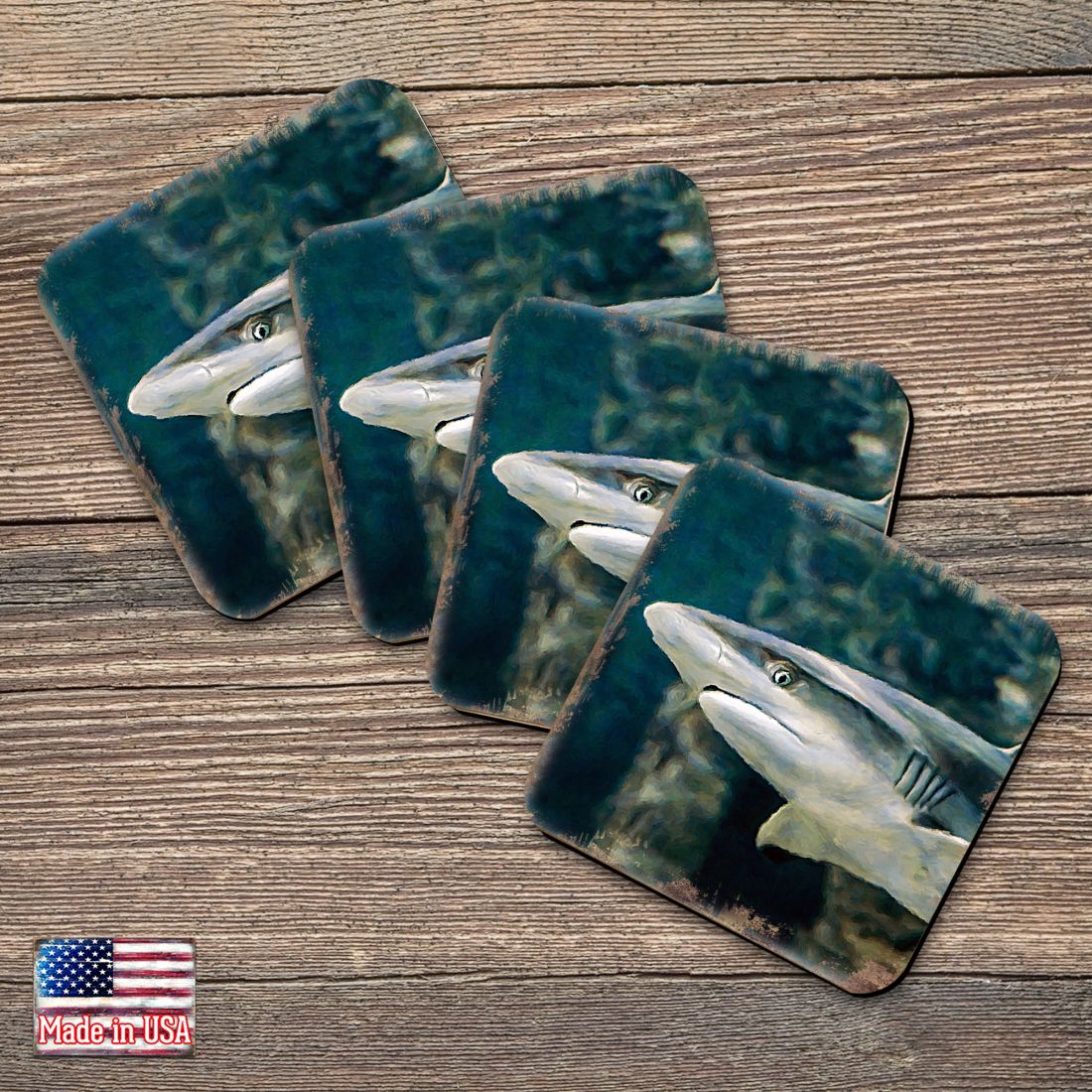 Picture of Nature Wonders 95324C-S4 4 x 4 in. Shark Coastal Wooden Cork Coasters Gift - Set of 4