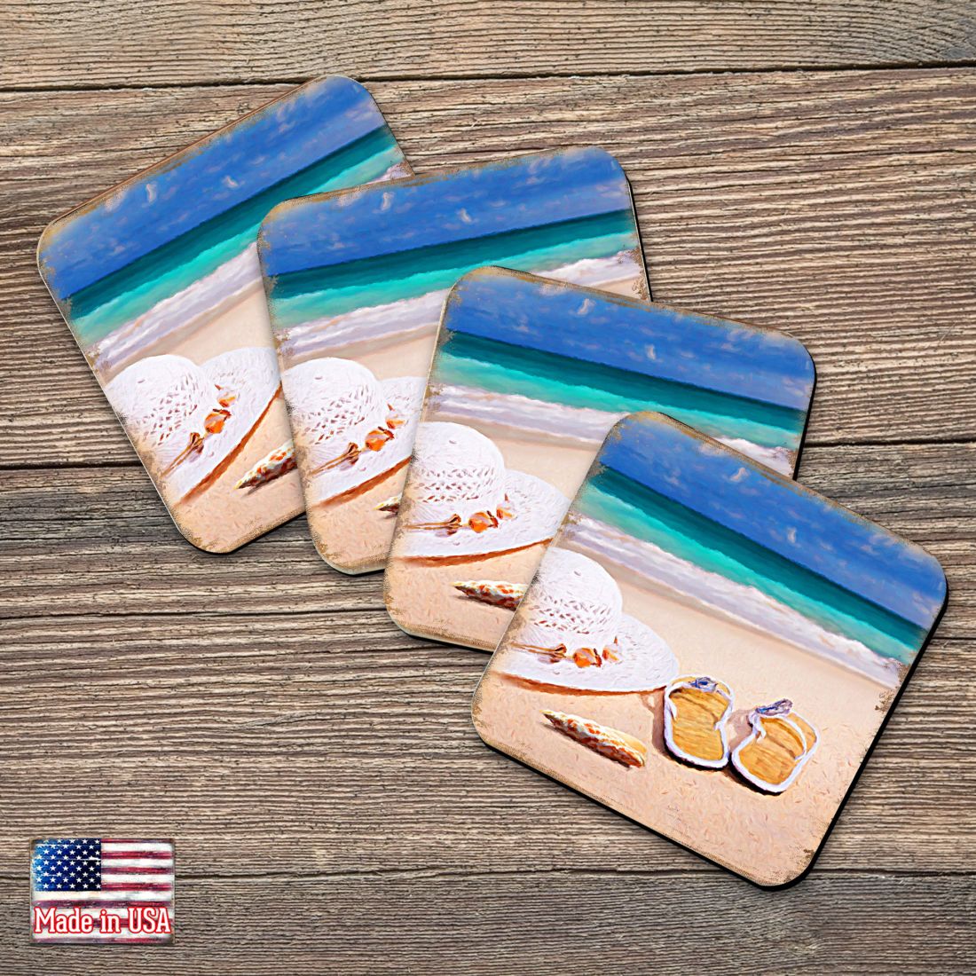 Picture of Nature Wonders 95355C-S4 4 x 4 in. Beach Sandals & Hat Coastal Wooden Cork Coasters Gift - Set of 4