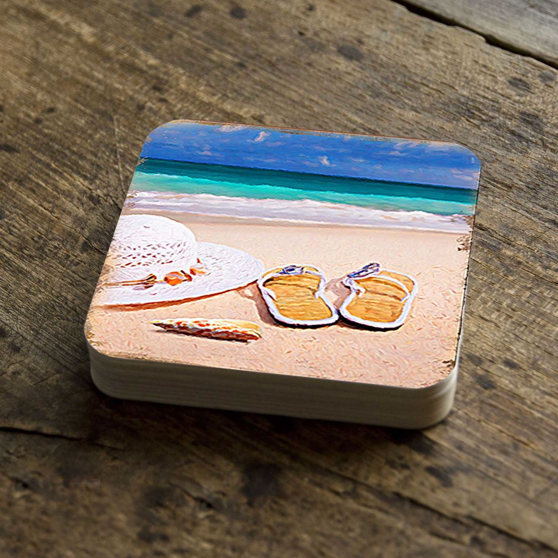 Picture of Nature Wonders 95355C-S4 4 x 4 in. Beach Sandals & Hat Coastal Wooden Cork Coasters Gift - Set of 4