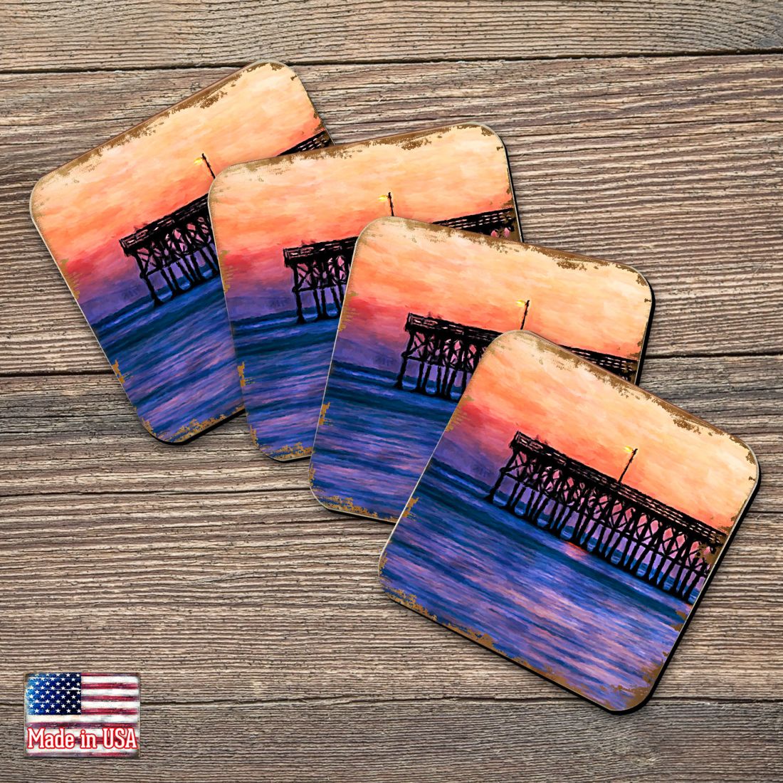 Picture of Nature Wonders 95359C-S4 4 x 4 in. Pier at Sunset Coastal Wooden Cork Coasters Gift - Set of 4