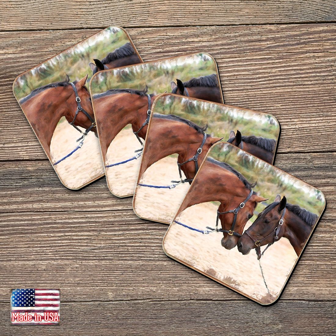 Picture of Nature Wonders 95370C-S4 4 x 4 in. Horses Wooden Cork Coasters Gift - Set of 4