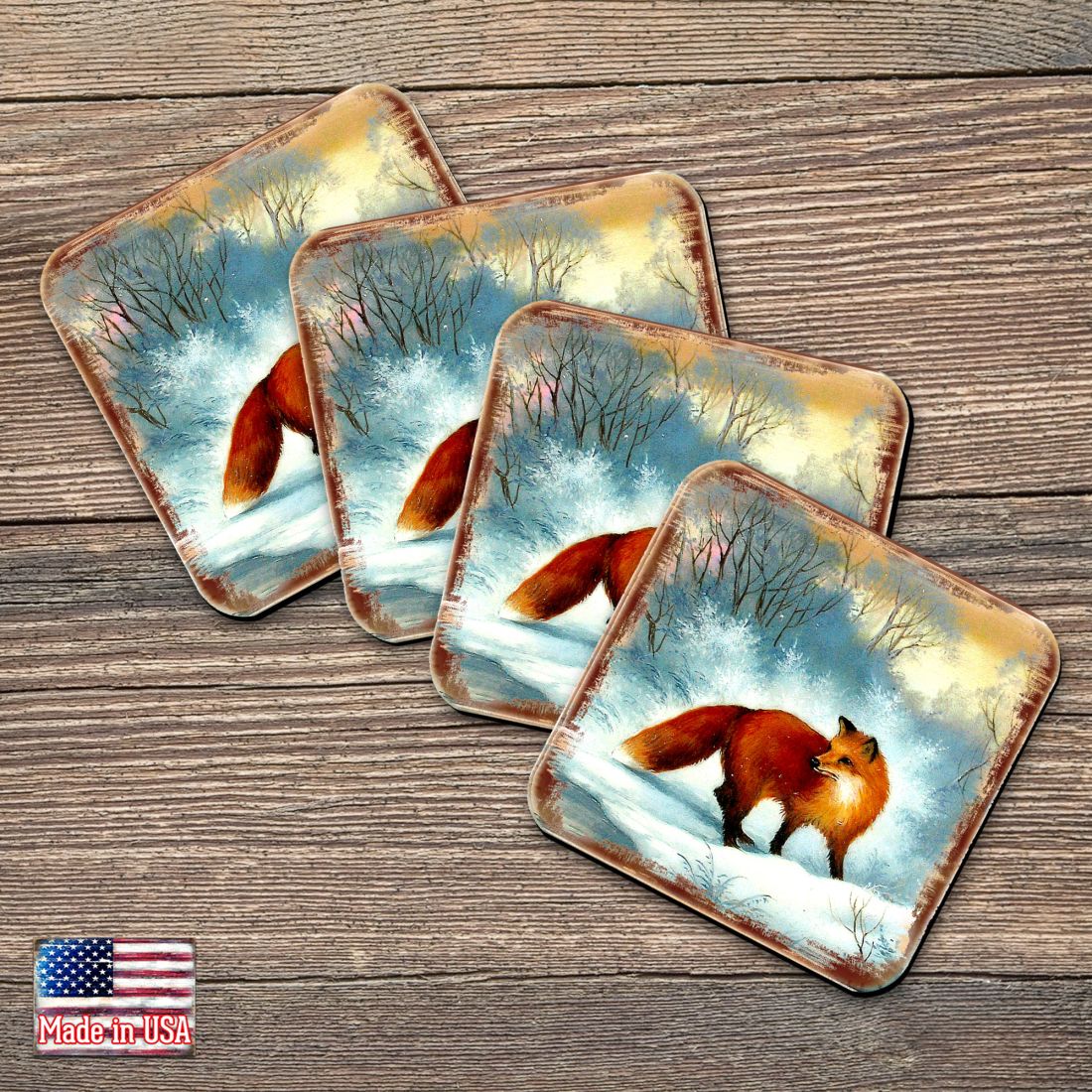 Picture of Nature Wonders 95376C-S4 4 x 4 in. Fox Wooden Cork Coasters Gift - Set of 4
