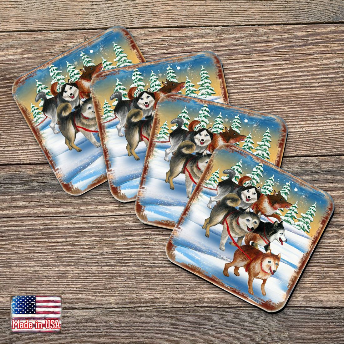 Picture of Nature Wonders 95378C-S4 4 x 4 in. Huskies Wooden Cork Coasters Gift - Set of 4