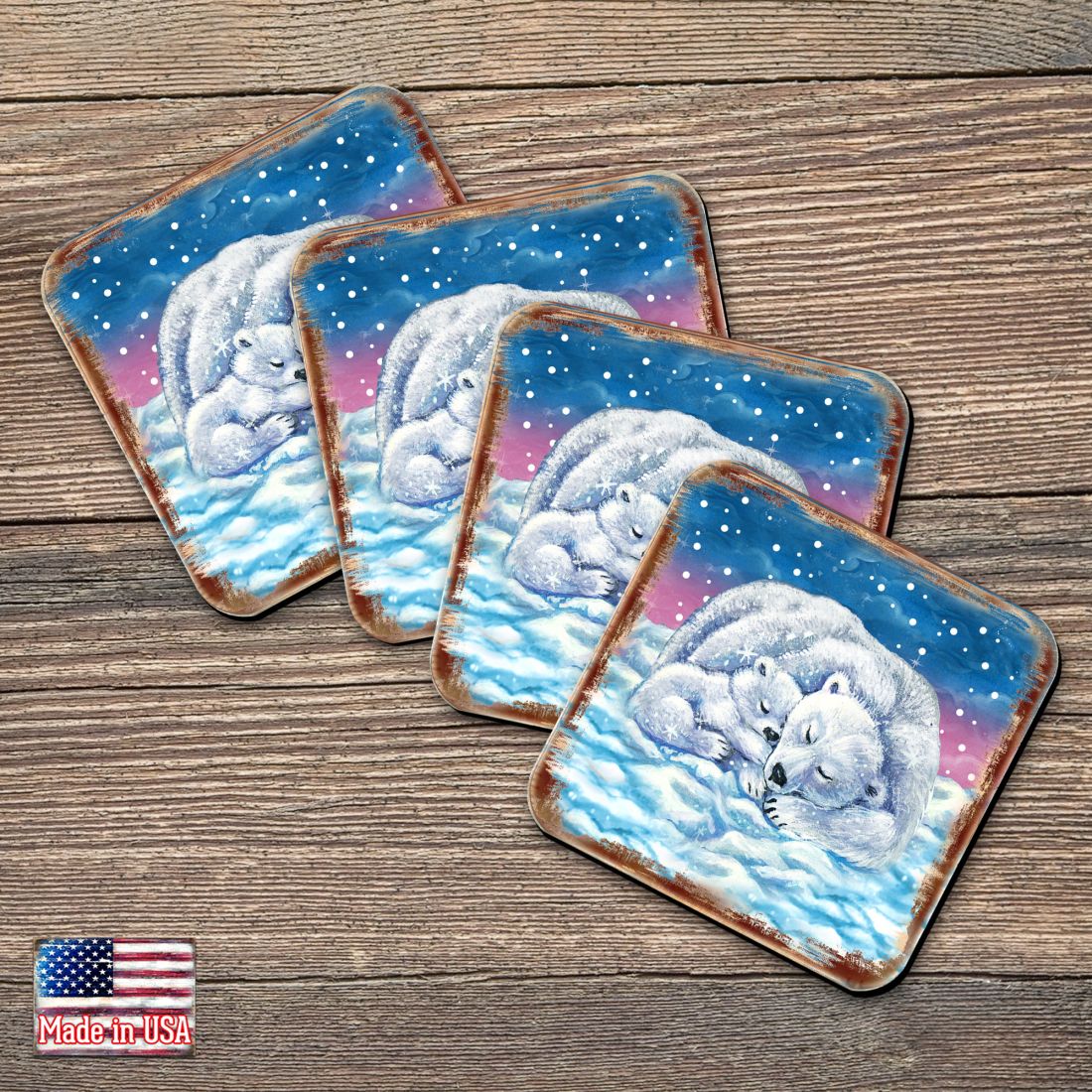 Picture of Nature Wonders 95381C-S4 4 x 4 in. Polar Bears Wooden Cork Coasters Gift - Set of 4