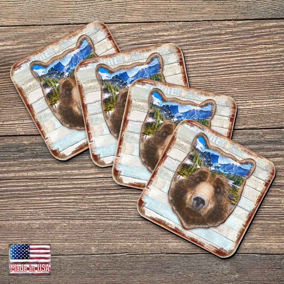 Picture of Nature Wonders 8198214-4C-S4 4 x 4 in. Bear Face Wooden Cork Coasters Gift - Set of 4