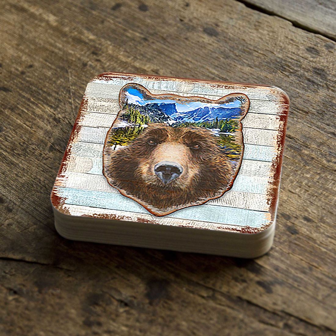 Picture of Nature Wonders 8198214-4C-S4 4 x 4 in. Bear Face Wooden Cork Coasters Gift - Set of 4