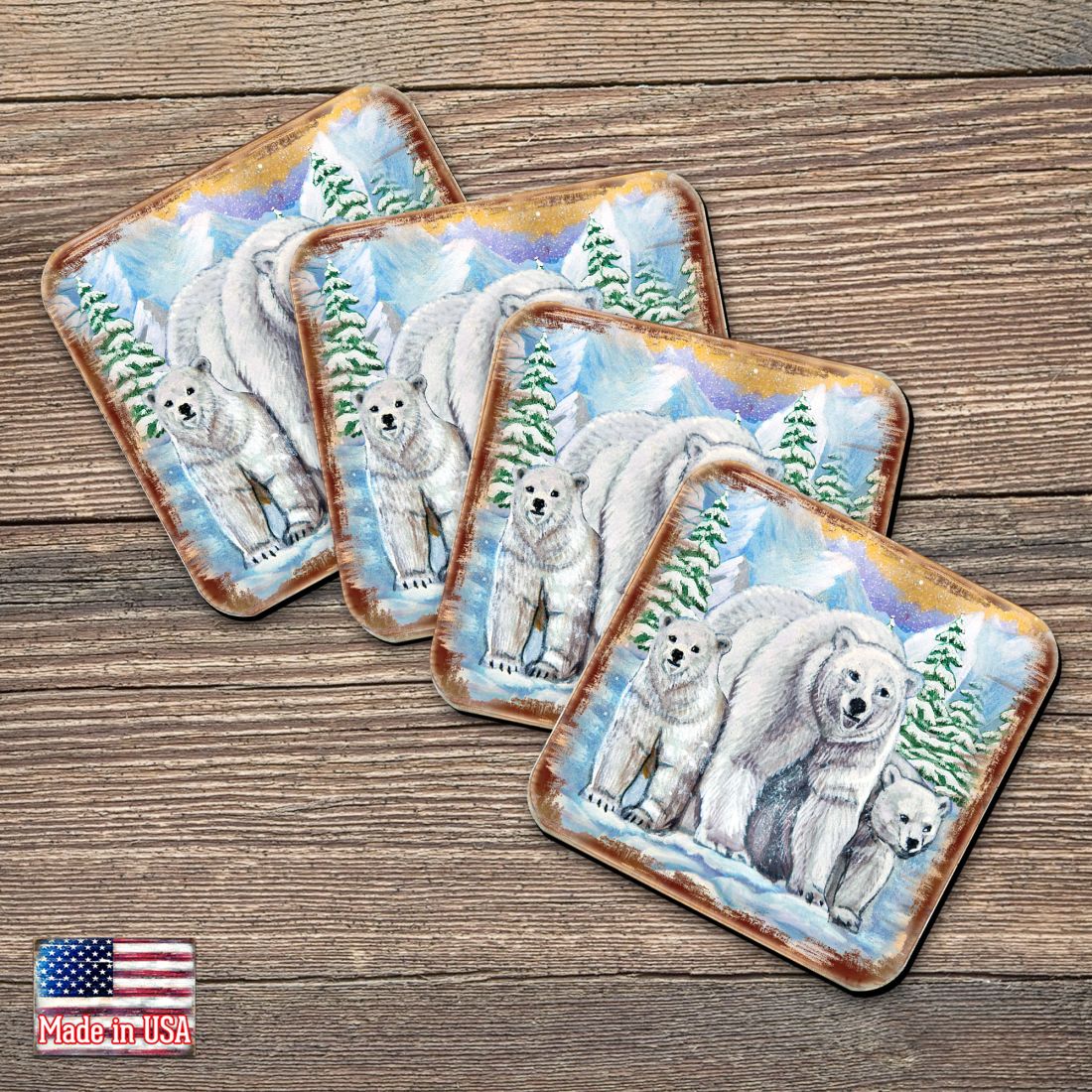 Picture of Nature Wonders 95215C-S4 4 x 4 in. Polar Bear Family Wooden Cork Coasters Gift - Set of 4