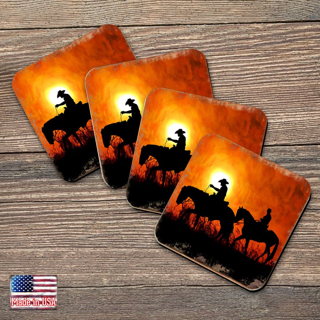 Picture of Nature Wonders 95230C-S4 4 x 4 in. Cowboy Sunset Ride Wooden Cork Coasters Gift - Set of 4