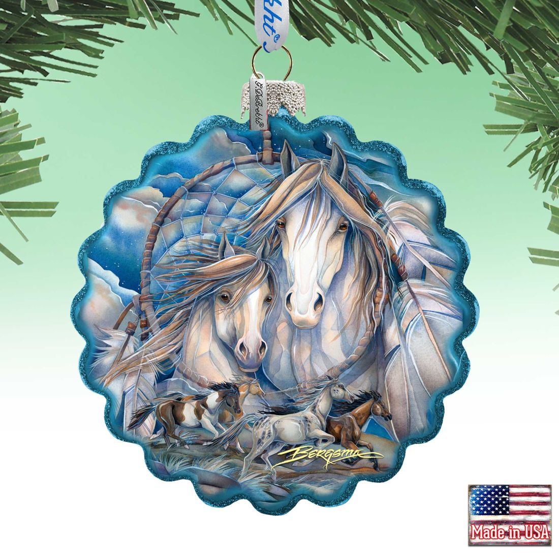 Picture of G.DeBrekht 759-637-JB 4 x 3 in. Mustangs Dream Catcher Journey Wreath Glass Ornaments