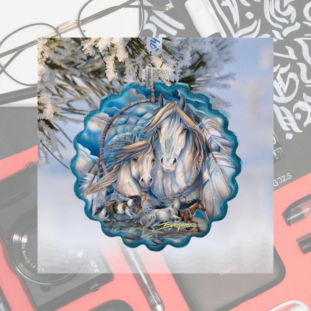 Picture of G.DeBrekht 759-637-JB 4 x 3 in. Mustangs Dream Catcher Journey Wreath Glass Ornaments