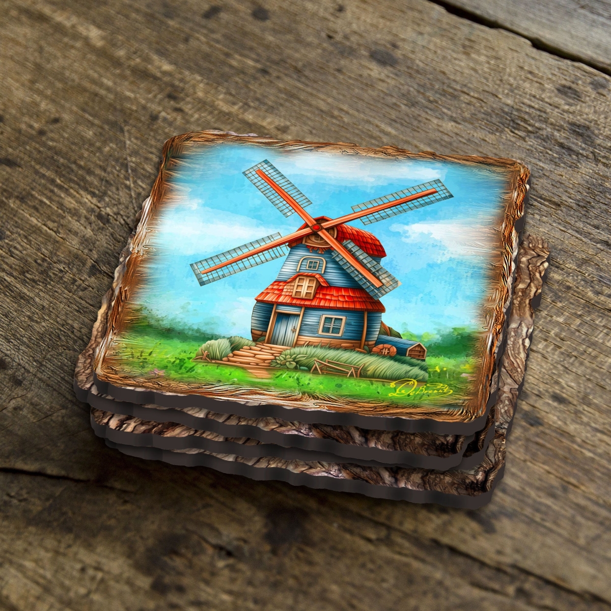 Picture of G. Debrekht 95406C-S4 Windmills Wooden Cork Coasters Gift Set of 4 by Nature Wonders