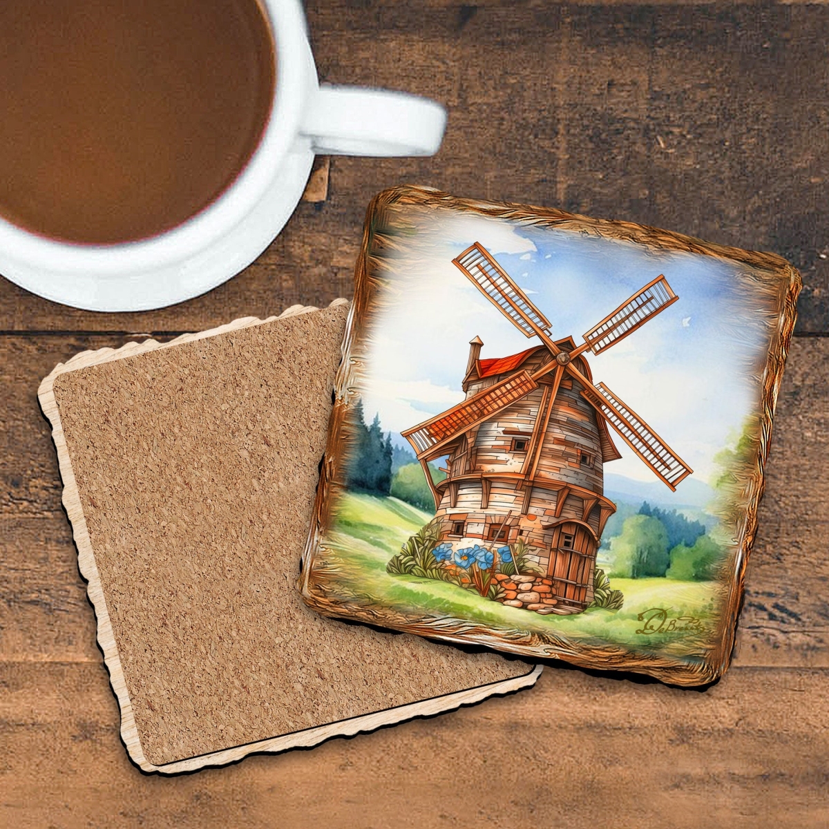 Picture of G. Debrekht 95406C-S4 Windmills Wooden Cork Coasters Gift Set of 4 by Nature Wonders
