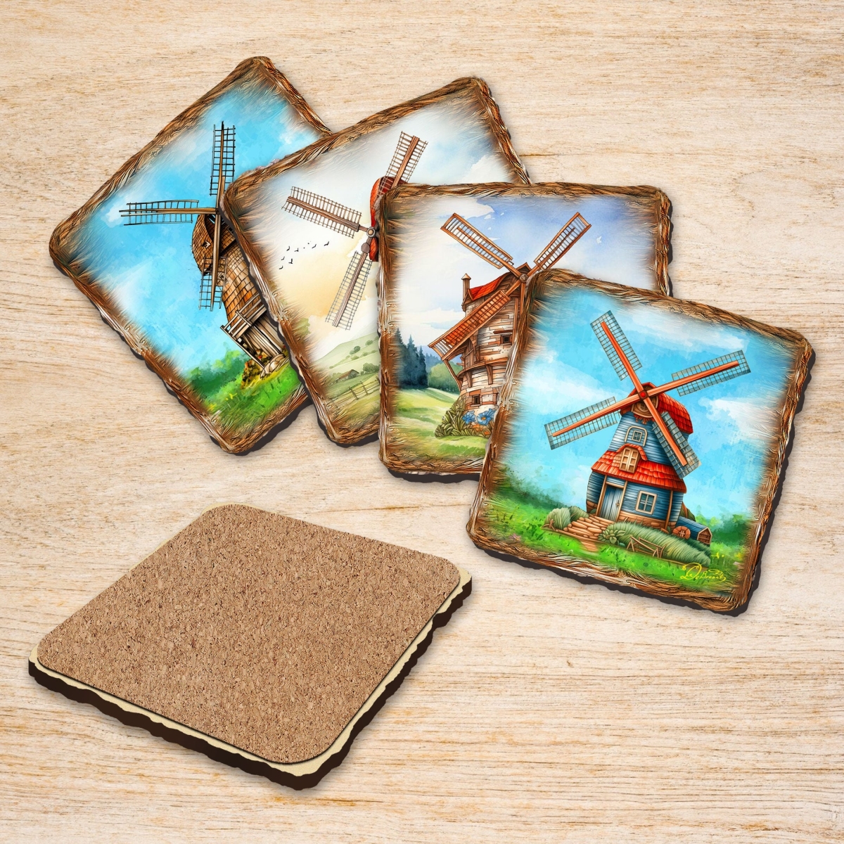 Picture of G. Debrekht 95406C-S4 Windmills Wooden Cork Coasters Gift Set of 4 by Nature Wonders