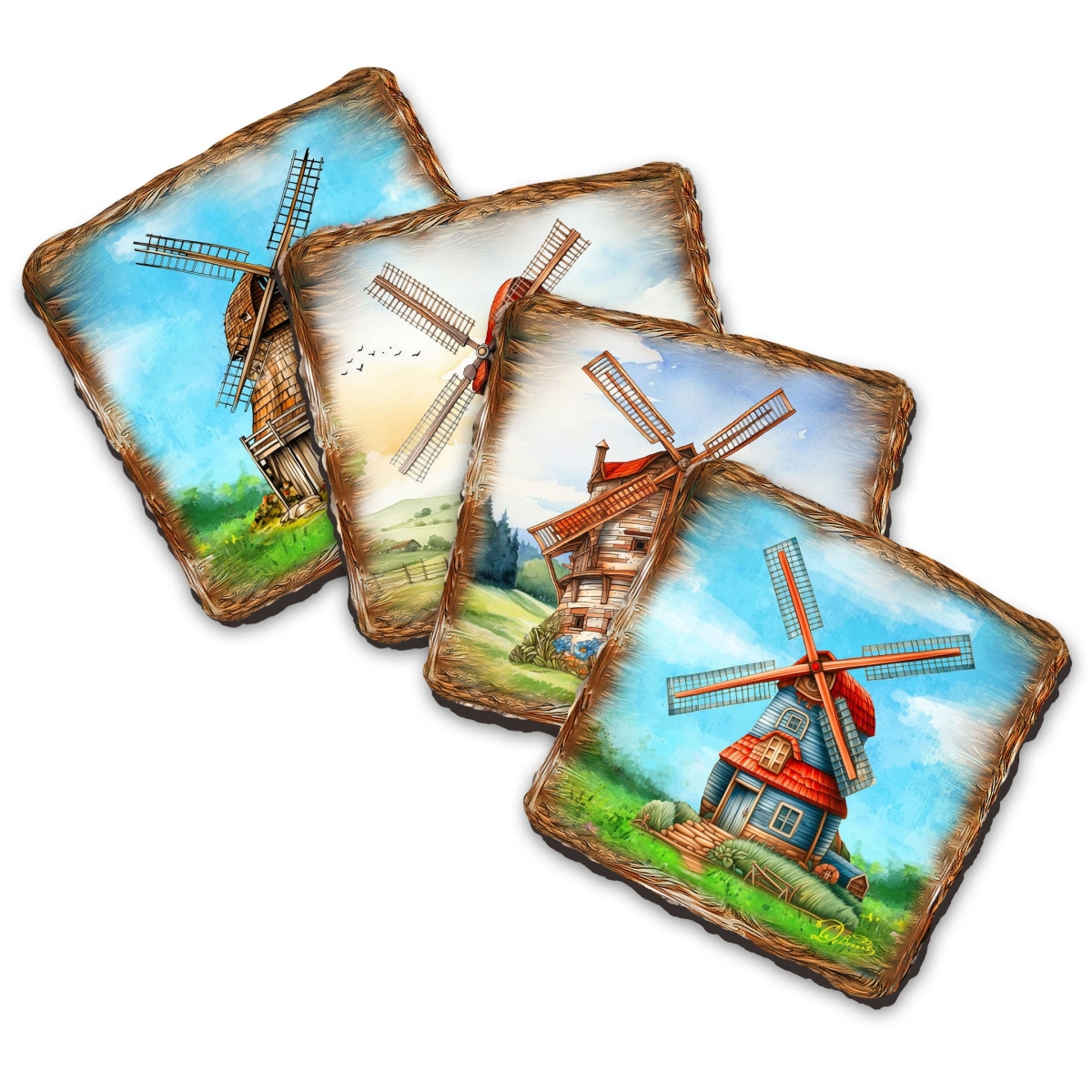 Picture of G. Debrekht 95406C-S4 Windmills Wooden Cork Coasters Gift Set of 4 by Nature Wonders