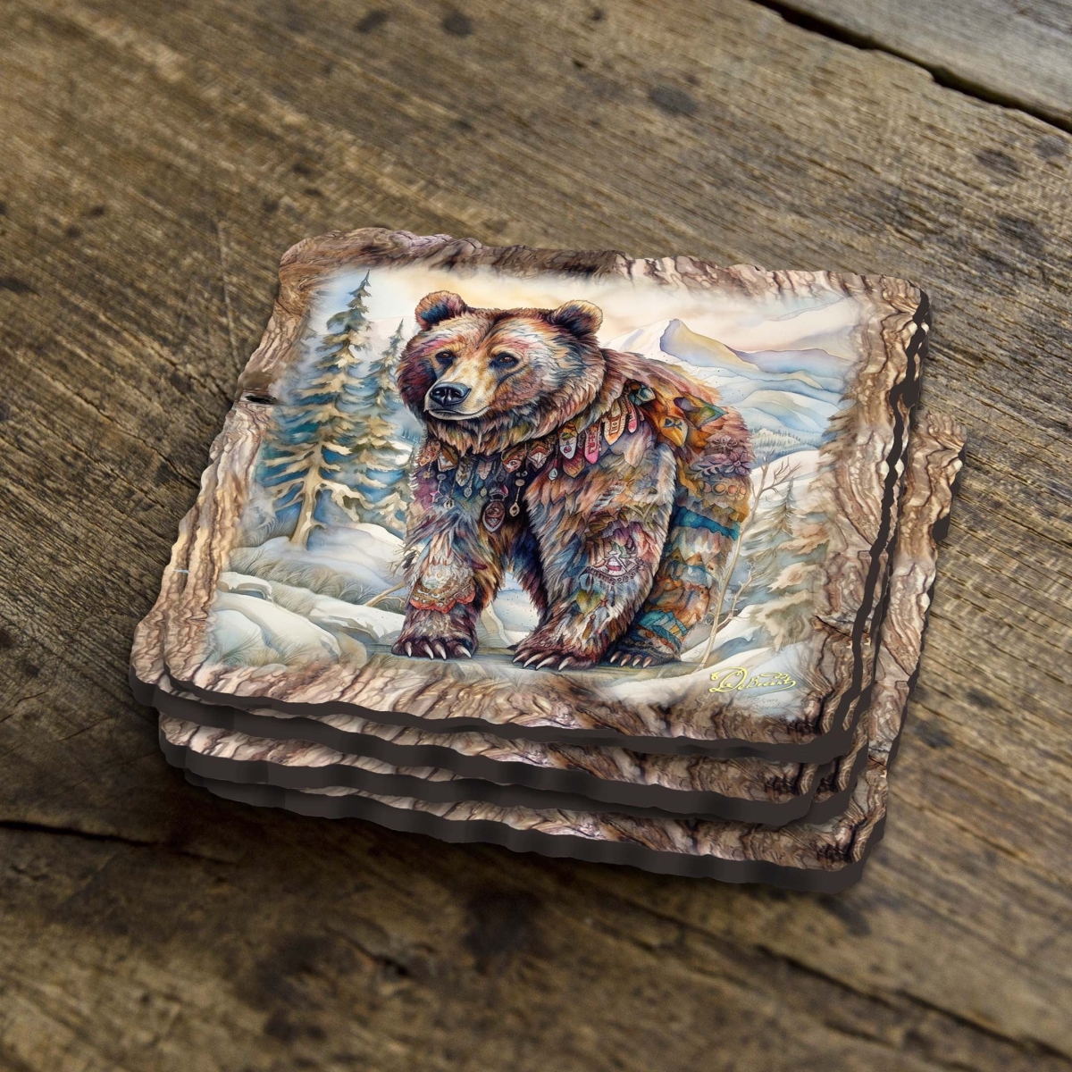 Picture of G. Debrekht 95397C-S4 Grizzly Bear Wooden Cork Coasters Gift Set of 4 by Nature Wonders