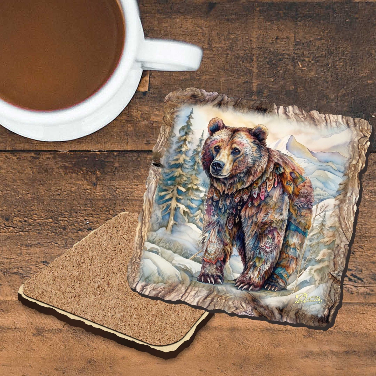 Picture of G. Debrekht 95397C-S4 Grizzly Bear Wooden Cork Coasters Gift Set of 4 by Nature Wonders
