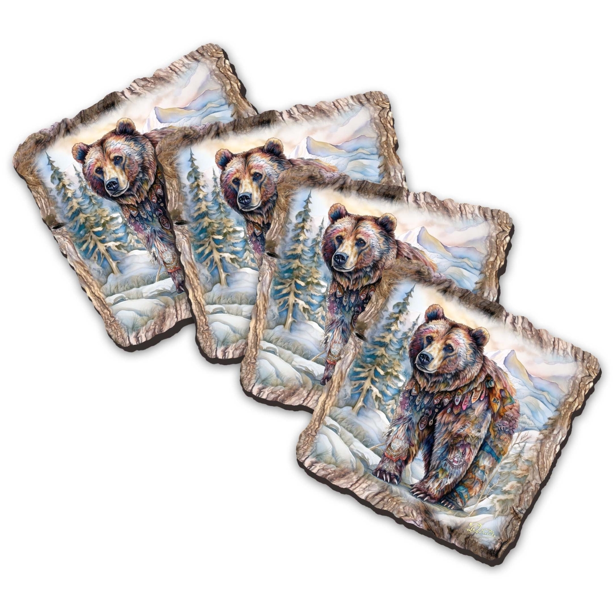 Picture of G. Debrekht 95397C-S4 Grizzly Bear Wooden Cork Coasters Gift Set of 4 by Nature Wonders